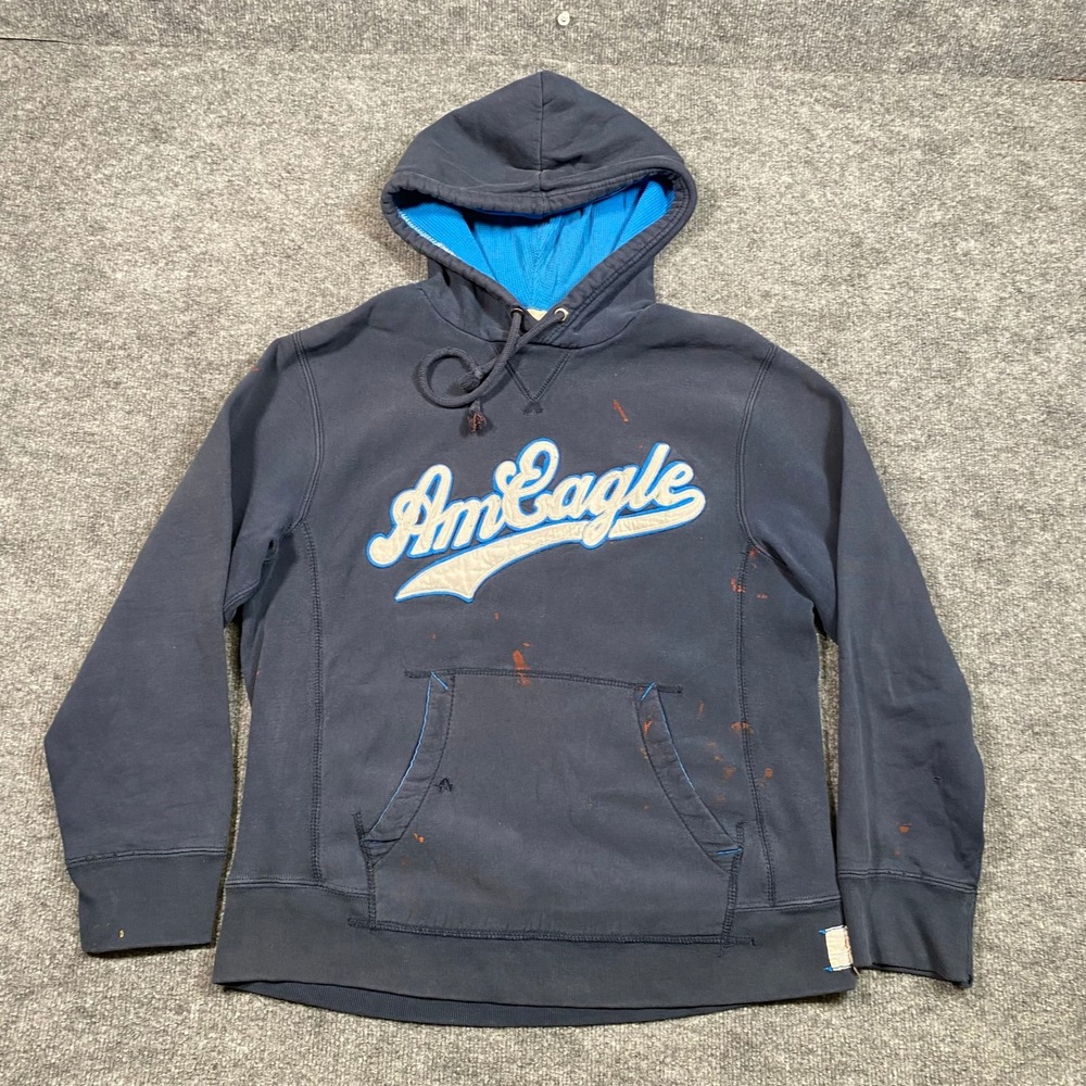 American Eagle Mens Navy Blue Distressed Varsity Logo Hoodie Large Paint Splat